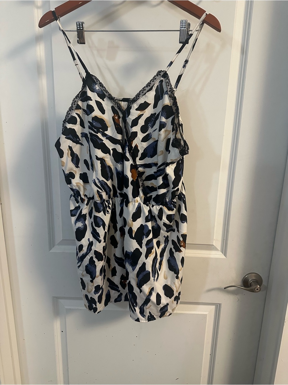 SHEIN White Satin Animal Print Cami Romper with Black & Brown Spots
